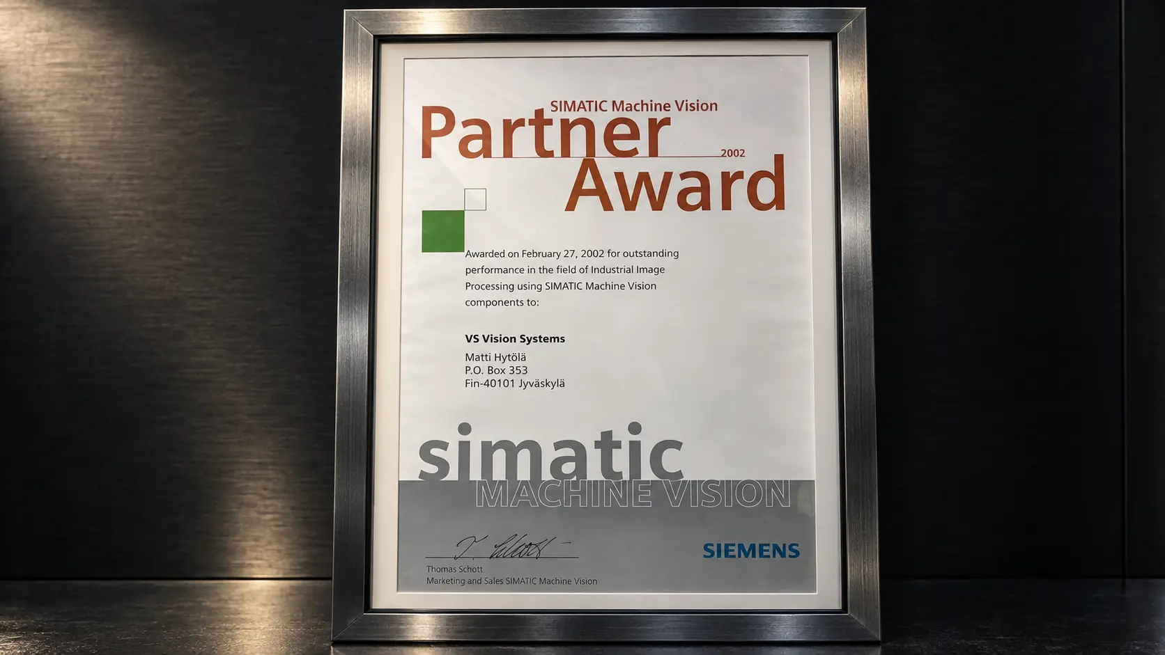 Siemens SIMATIC Machine Vision Partner Award 2002 -todistus, saaja VS Vision Systems ja Matti Hytölä.