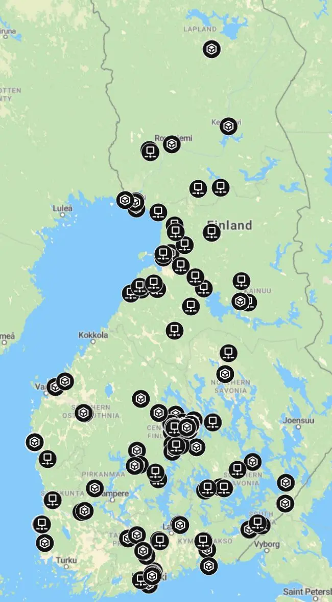 Map of Hytola Engineering survey sites in Finland from 2017 to 2025